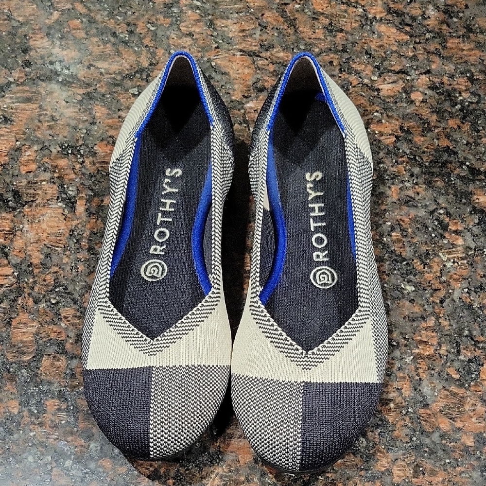 Rothy's Two-Tone Black and Blue Plaid Knit Ballet Flats